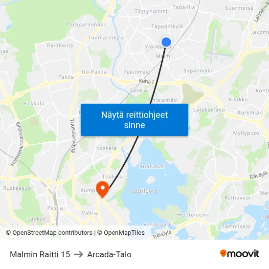 Malmin Raitti 15 to Arcada-Talo map