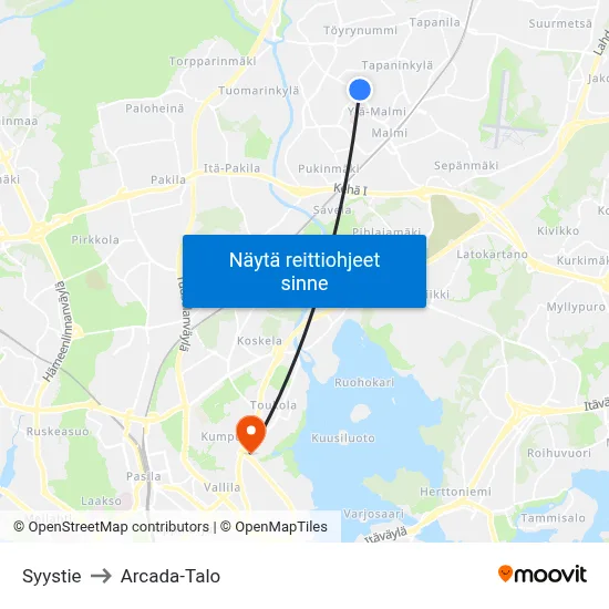 Syystie to Arcada-Talo map