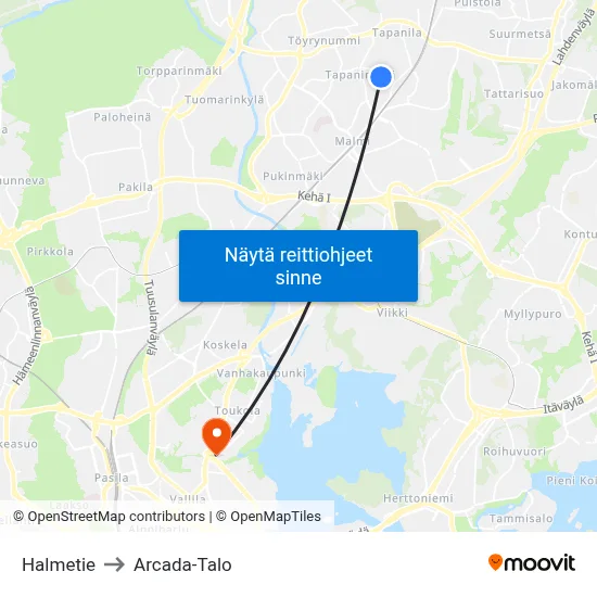 Halmetie to Arcada-Talo map