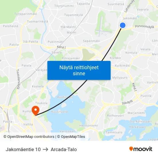 Jakomäentie 10 to Arcada-Talo map