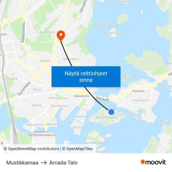 Mustikkamaa to Arcada-Talo map