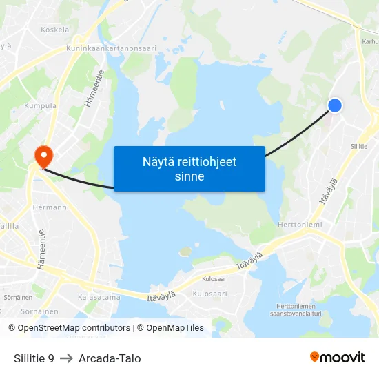 Siilitie 9 to Arcada-Talo map