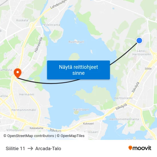 Siilitie 11 to Arcada-Talo map