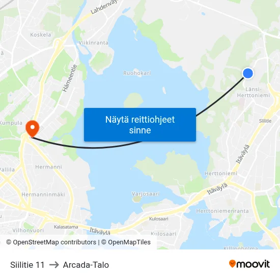 Siilitie 11 to Arcada-Talo map