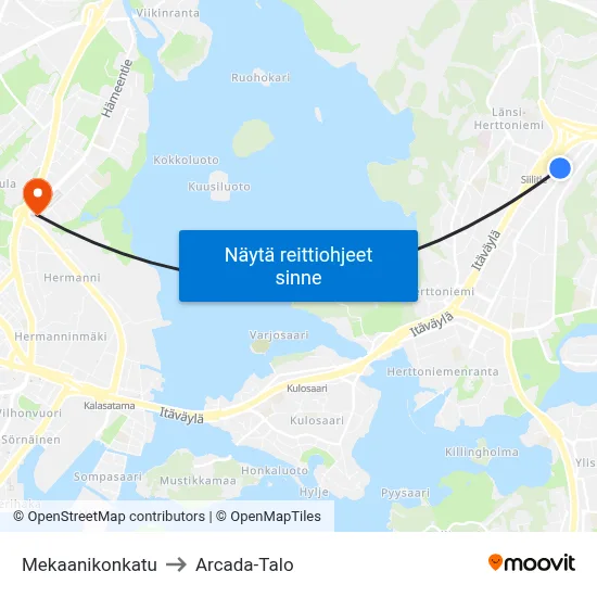 Mekaanikonkatu to Arcada-Talo map