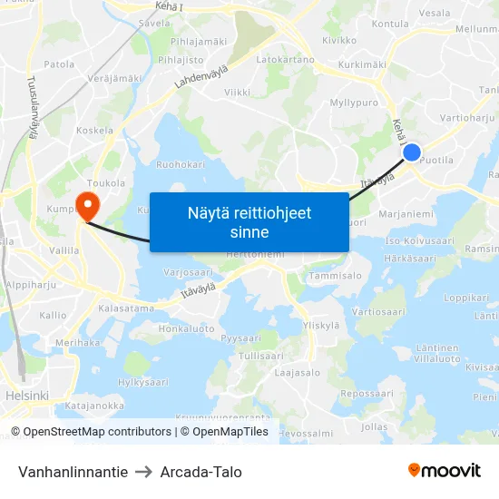 Vanhanlinnantie to Arcada-Talo map