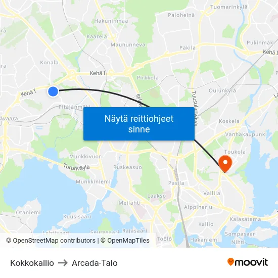 Kokkokallio to Arcada-Talo map