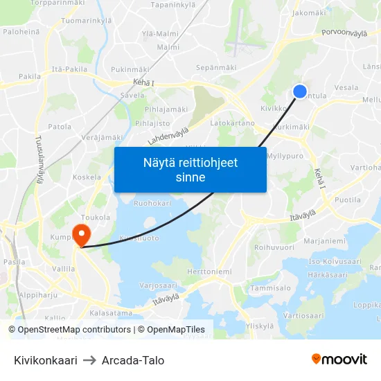 Kivikonkaari to Arcada-Talo map