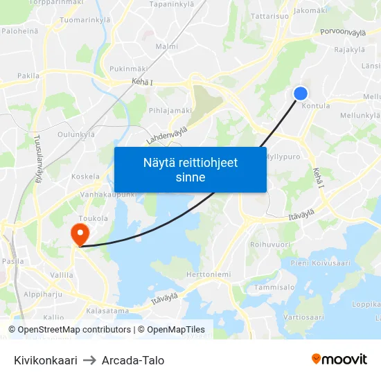 Kivikonkaari to Arcada-Talo map