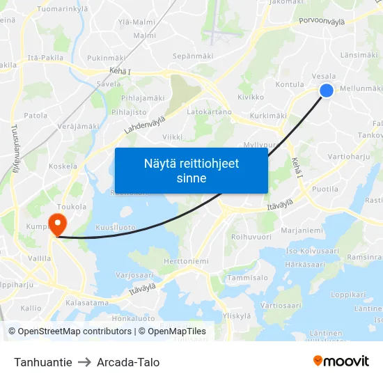 Tanhuantie to Arcada-Talo map