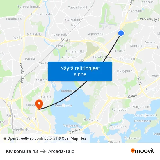 Kivikonlaita 43 to Arcada-Talo map