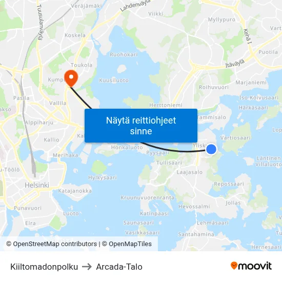 Kiiltomadonpolku to Arcada-Talo map