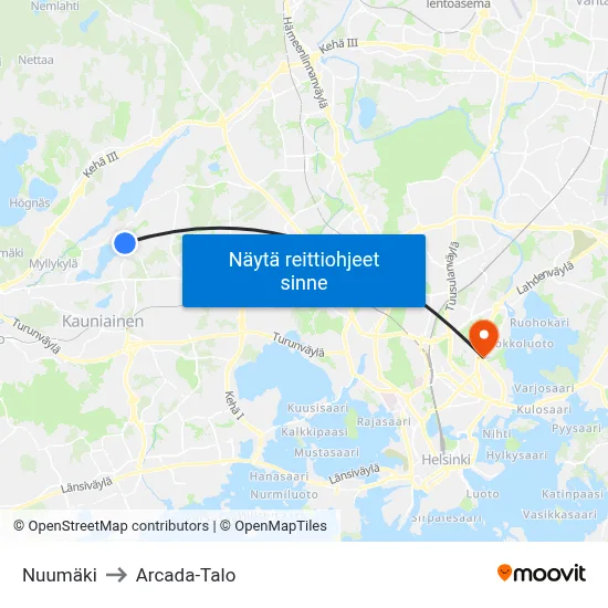 Nuumäki to Arcada-Talo map