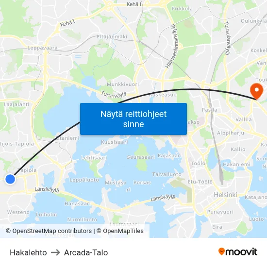 Hakalehto to Arcada-Talo map
