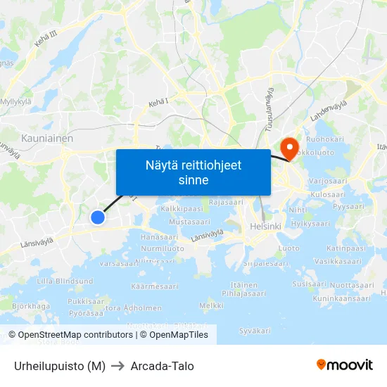Urheilupuisto (M) to Arcada-Talo map