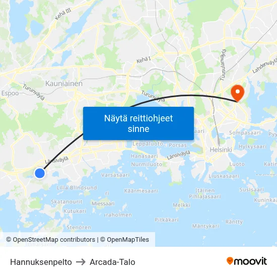 Hannuksenpelto to Arcada-Talo map