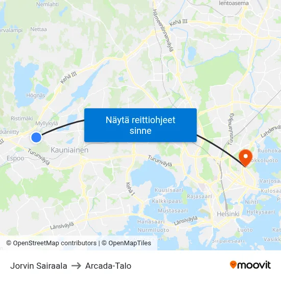 Jorvin Sairaala to Arcada-Talo map