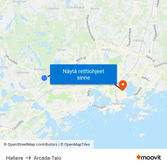 Hallava to Arcada-Talo map