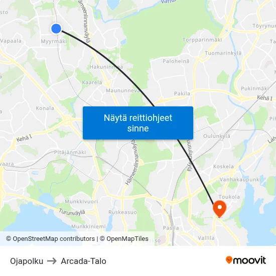 Ojapolku to Arcada-Talo map