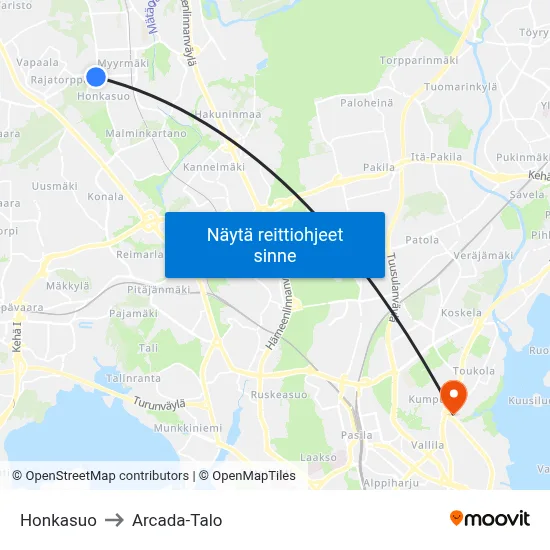 Honkasuo to Arcada-Talo map
