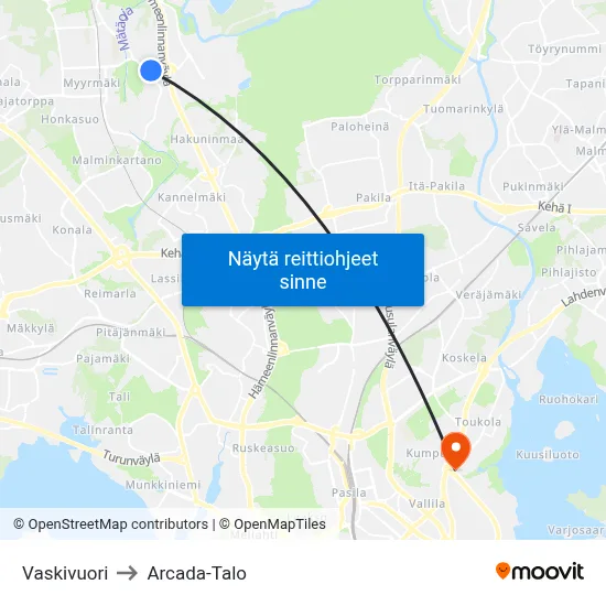 Vaskivuori to Arcada-Talo map