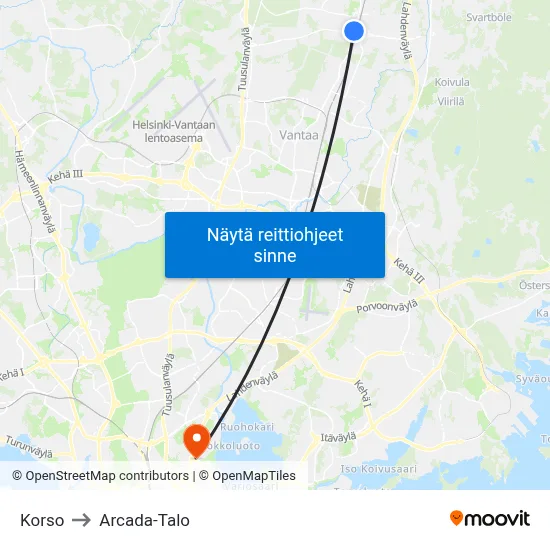 Korso to Arcada-Talo map