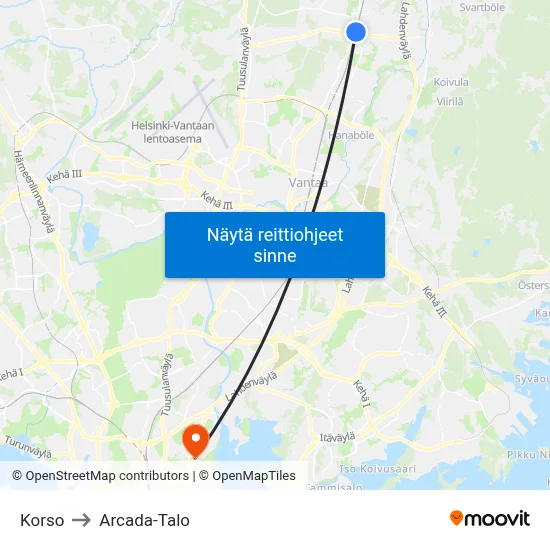 Korso to Arcada-Talo map