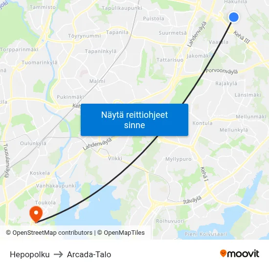 Hepopolku to Arcada-Talo map