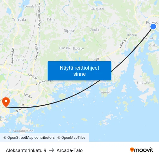 Aleksanterinkatu 9 to Arcada-Talo map
