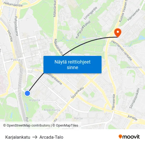 Karjalankatu to Arcada-Talo map