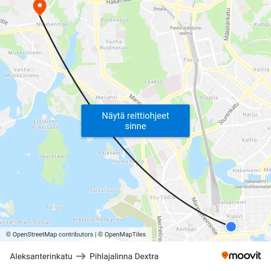 Aleksanterinkatu to Pihlajalinna Dextra map