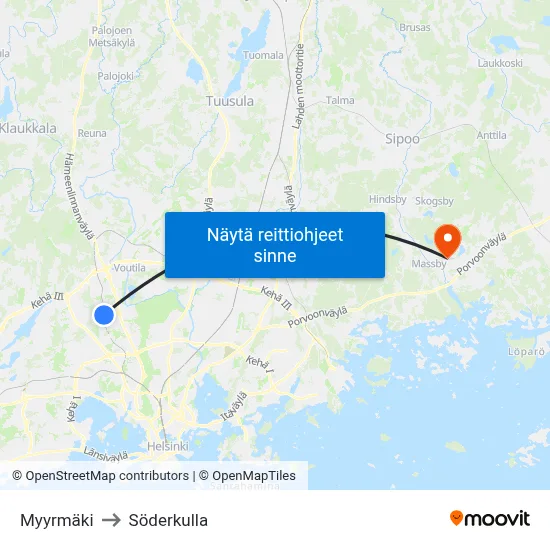 Myyrmäki to Söderkulla map