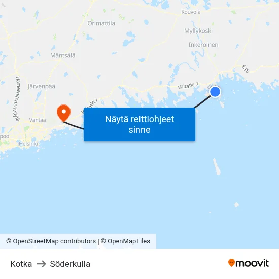 Kotka to Söderkulla map