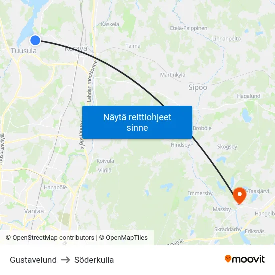 Gustavelund to Söderkulla map