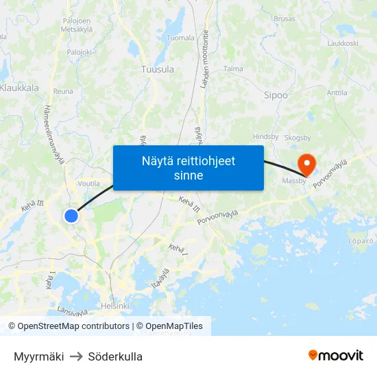 Myyrmäki to Söderkulla map