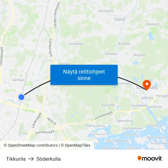 Tikkurila to Söderkulla map