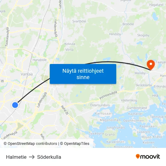 Halmetie to Söderkulla map