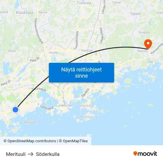 Merituuli to Söderkulla map