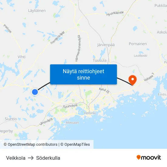Veikkola to Söderkulla map