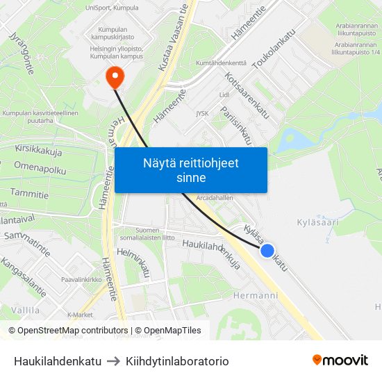 Haukilahdenkatu to Kiihdytinlaboratorio map