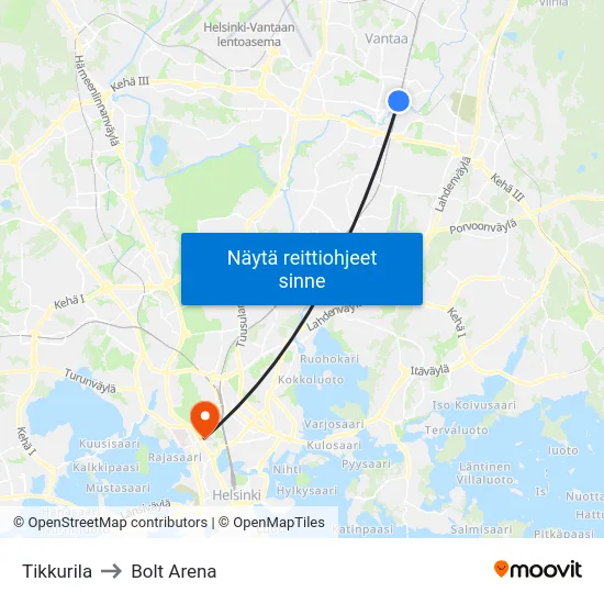 Tikkurila to Bolt Arena map