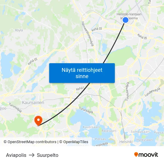 Aviapolis to Suurpelto map