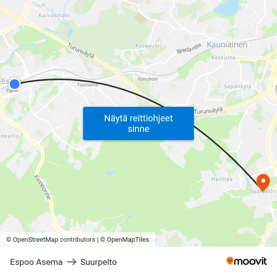 Espoo Asema to Suurpelto map
