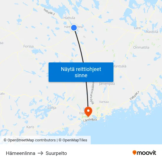 Hämeenlinna to Suurpelto map