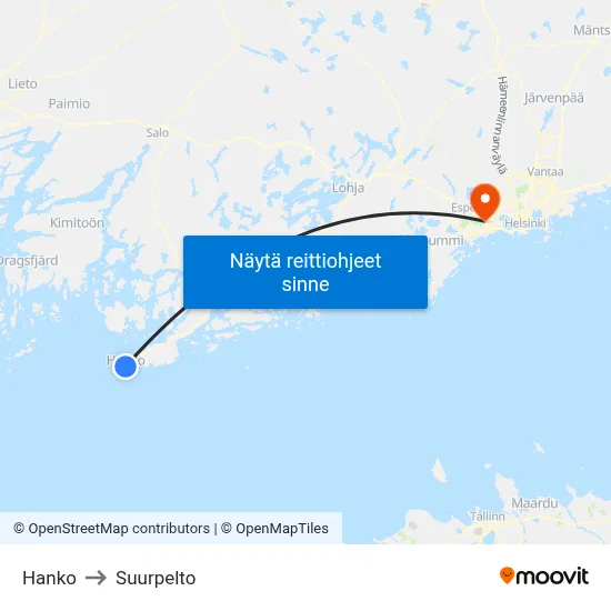 Hanko to Suurpelto map