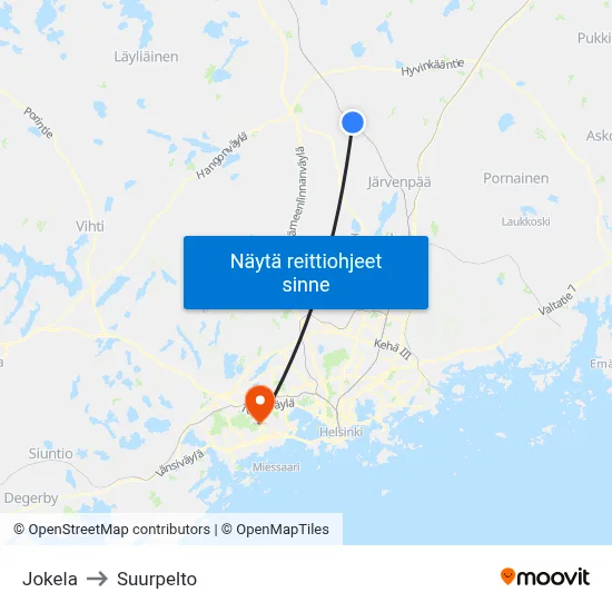 Jokela to Suurpelto map