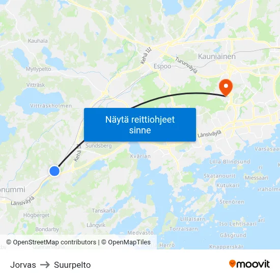 Jorvas to Suurpelto map