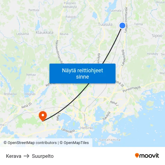 Kerava to Suurpelto map