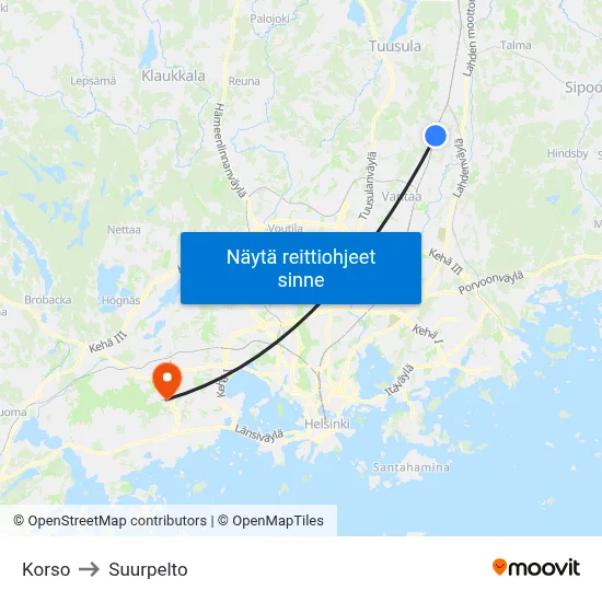 Korso to Suurpelto map