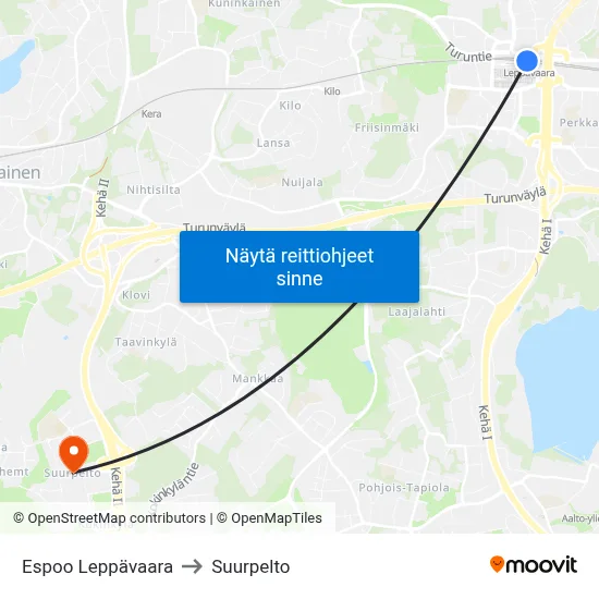 Espoo Leppävaara to Suurpelto map